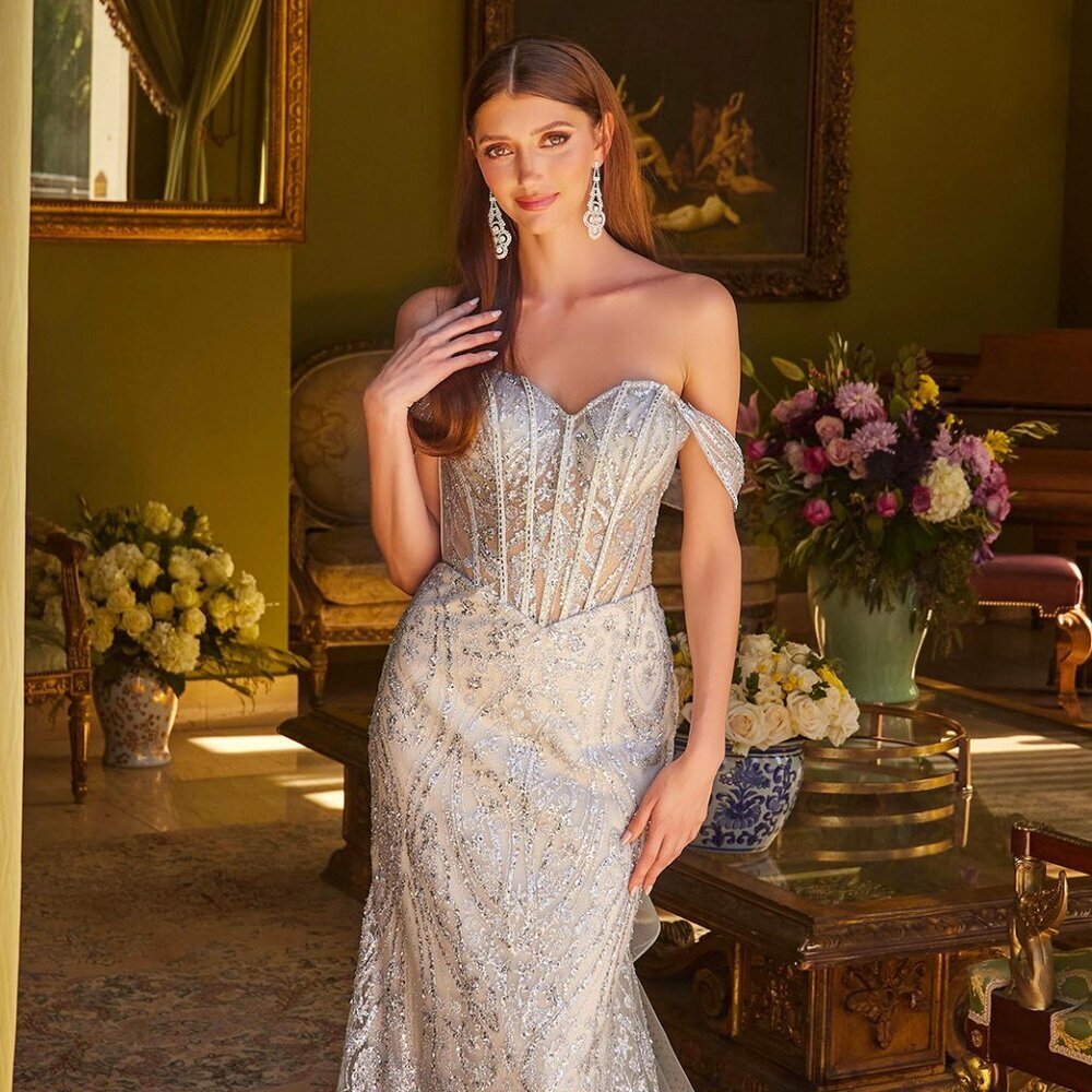 New Sheath Off Shoulder Sequins Embellished Prom Dress w/ Sheer Bodice GL3563